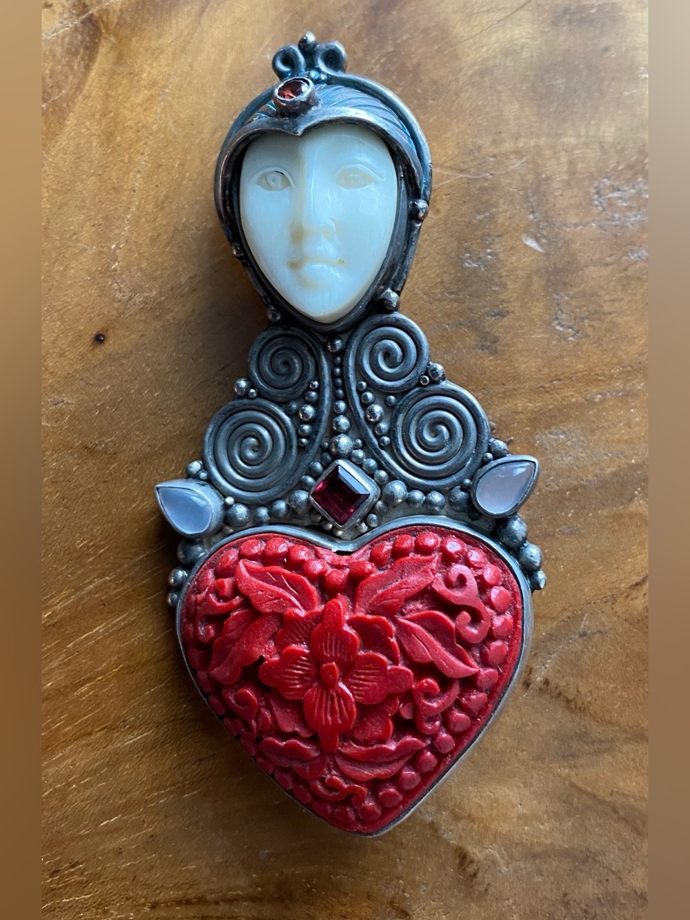 Vintage Pin Pendant Carved Cinnabar Flower Heart Asian Goddess Sajen Jewelry